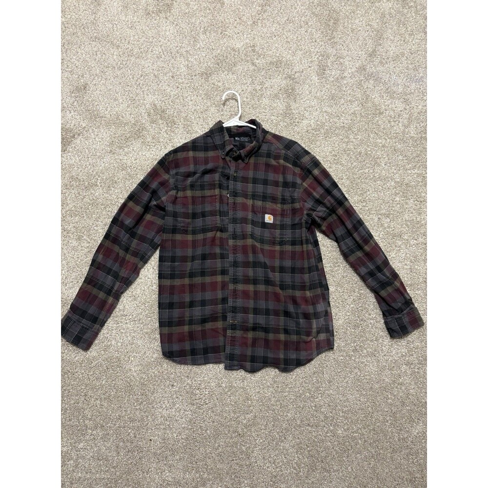 Carhartt Relaxed Fit Men's Plaid Flannel Button-Up Shirt Pockets L Gray/Purple